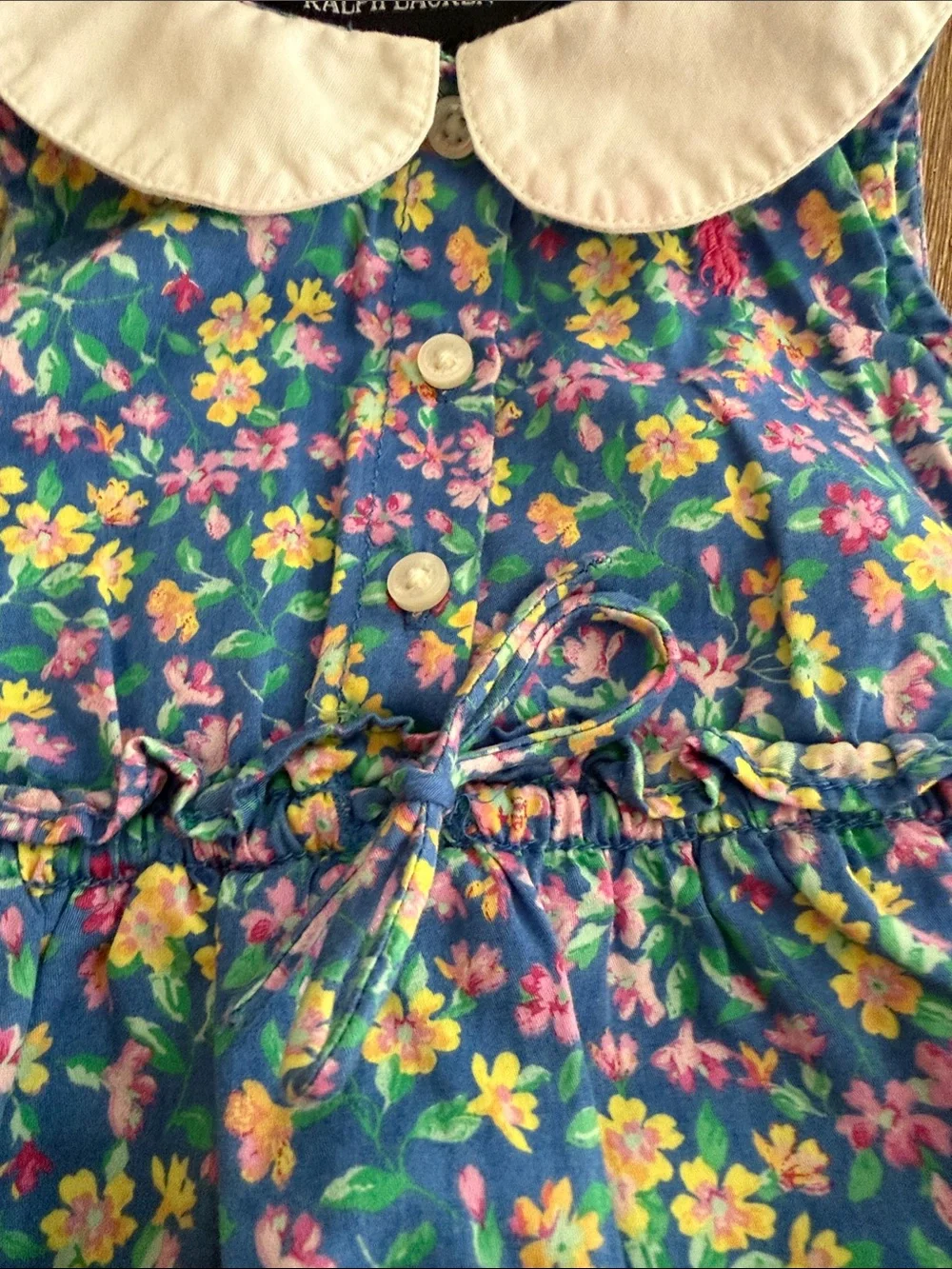 Ralph Lauren Blue Floral Baby Bubble Romper with White Peter Pan Collar